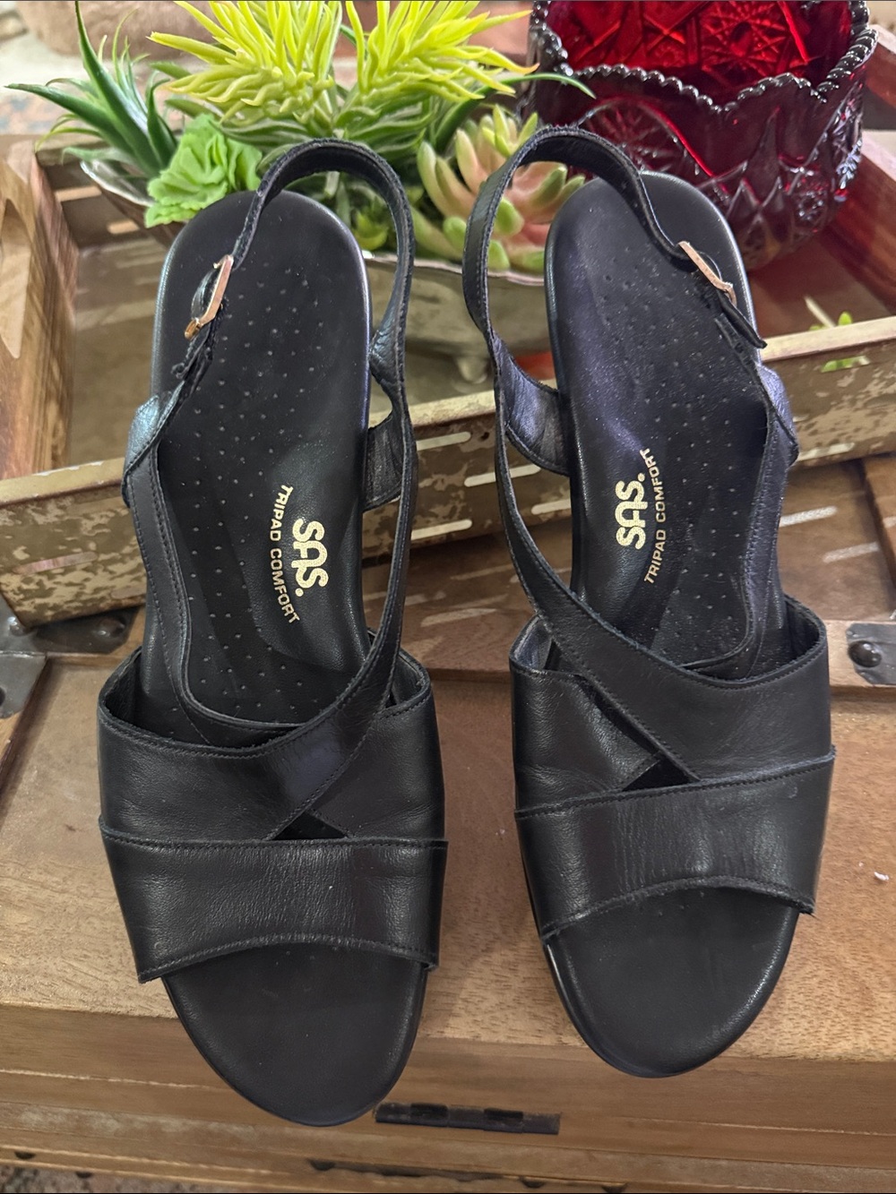 SAS Black Leather Slingback Sandals with Crossband Straps